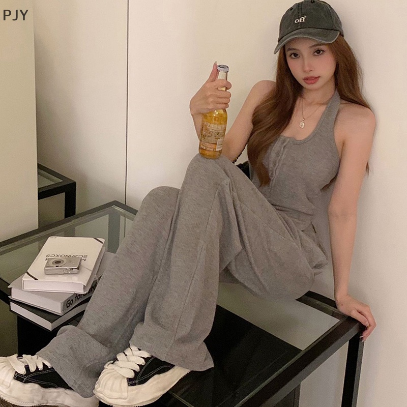 Set Đồ Thể Thao Hai Mảnh Gồm Áo Hai Dây Màu Xám Và Quần Dài Ống Rộng Mẫu Mới 2023 Thời Trang Mùa Hè Cho Nữ PJ