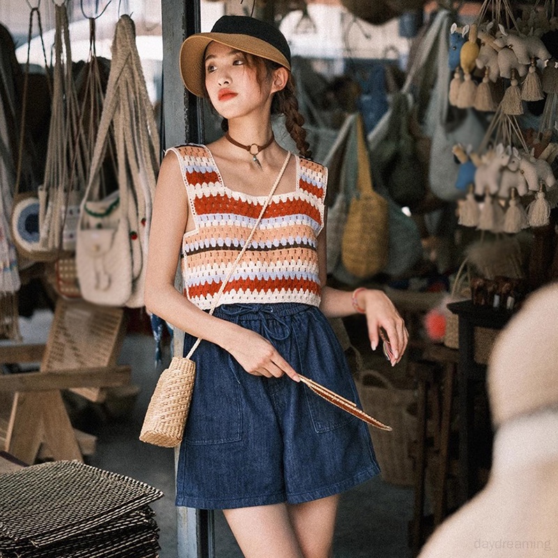 Áo Croptop Dệt Kim Hai Dây Cổ Vuông Họa Tiết Kẻ Sọc Cầu Vồng Phong Cách Cổ Điển Thời Trang Mùa Hè Cho Nữ