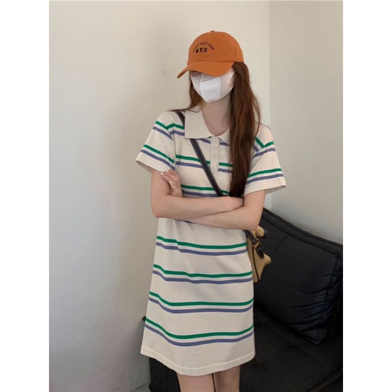 Đầm Dệt Kim Tay Ngắn Dáng Rộng Họa Tiết Kẻ Sọc Màu Sắc Tương Phản Thời Trang Mùa Hè