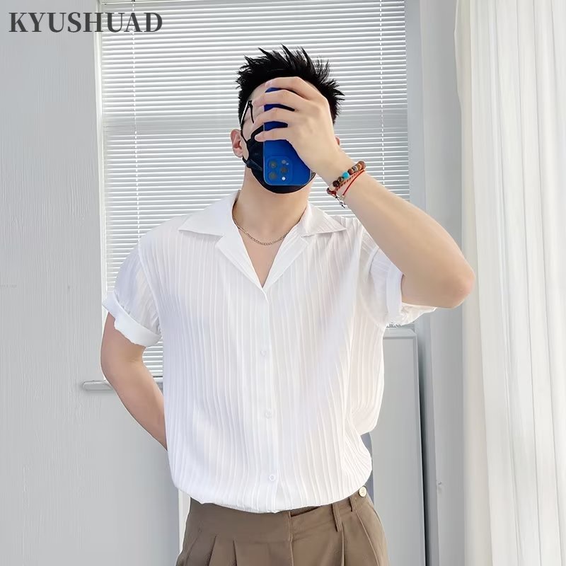 Áo sơ mi KYUSHUAD dáng rộng ngắn tay họa tiết sọc dọc phong cách Hàn Quốc thời trang sang trọng cao cấp dành cho nam