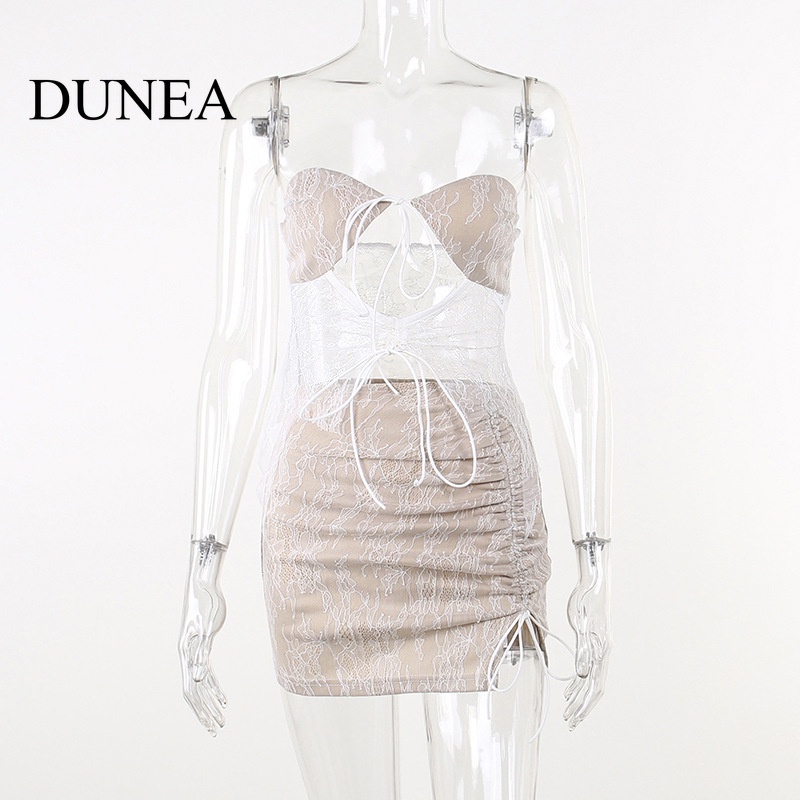 DUNEA Set Áo Váy Rút Dây Hai Lớp Phối Ren Thời Trang Mùa Hè Cho Nữ