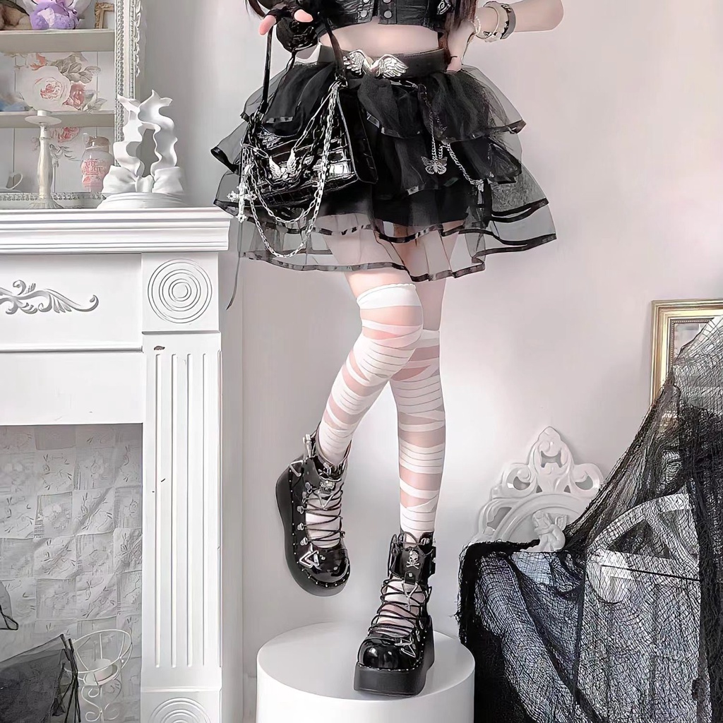 Vớ Dài Qua Gối Siêu Mỏng Màu Trắng Đen Phong Cách Lolita Quyến Rũ Cho Nữ