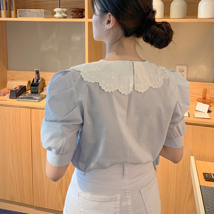 Áo Sơ Mi Tay Ngắn Cổ Búp Bê Thời Trang Hàn Quốc Cho Nữ