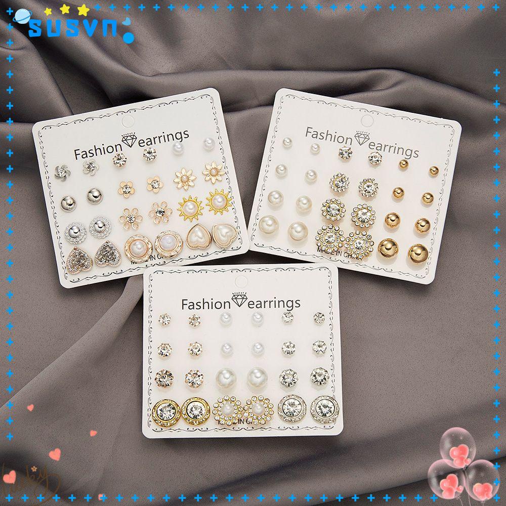 Set 12 Đôi Bông Tai Đính Đá Thời Trang Cho Nữ