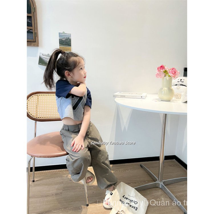 Áo Thun Cotton Tay Ngắn Màu Sắc Tương Phản Phong Cách Phương Tây Thời Trang Mùa Hè Cho Bé Gái