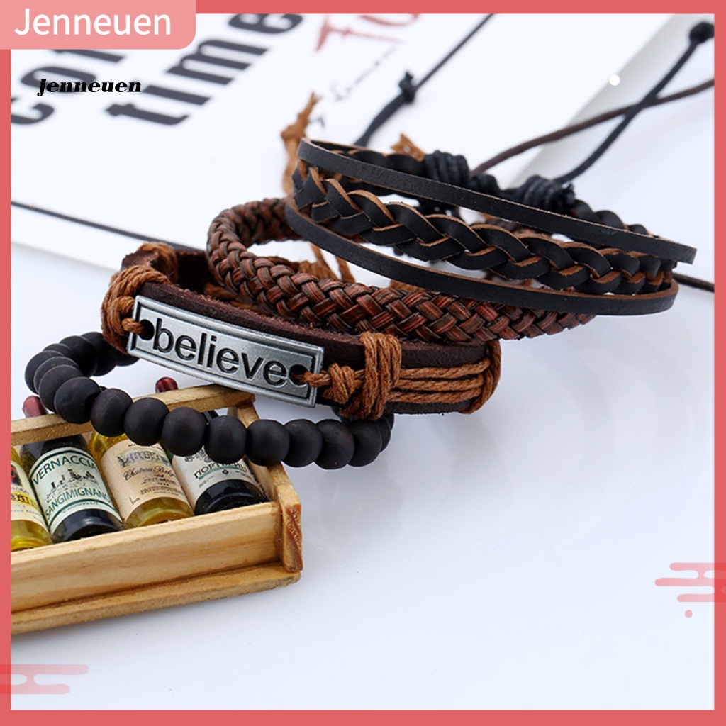 Set 4 Vòng Tay Bện Dây Giả Da Đính Hạt Chữ Believe Thời Trang Có Thể Điều Chỉnh Cho Nam