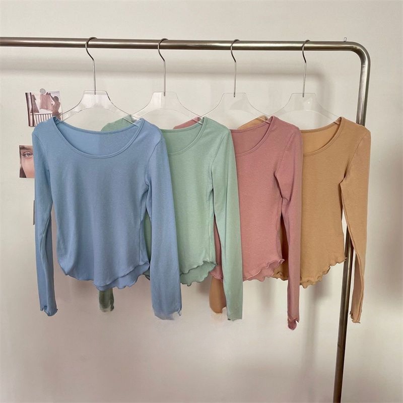 Áo Thun Cotton Mỏng Tay Dài Cổ Chữ U Màu Trơn Phong Cách Xuân Thu Mới Cho Nữ @