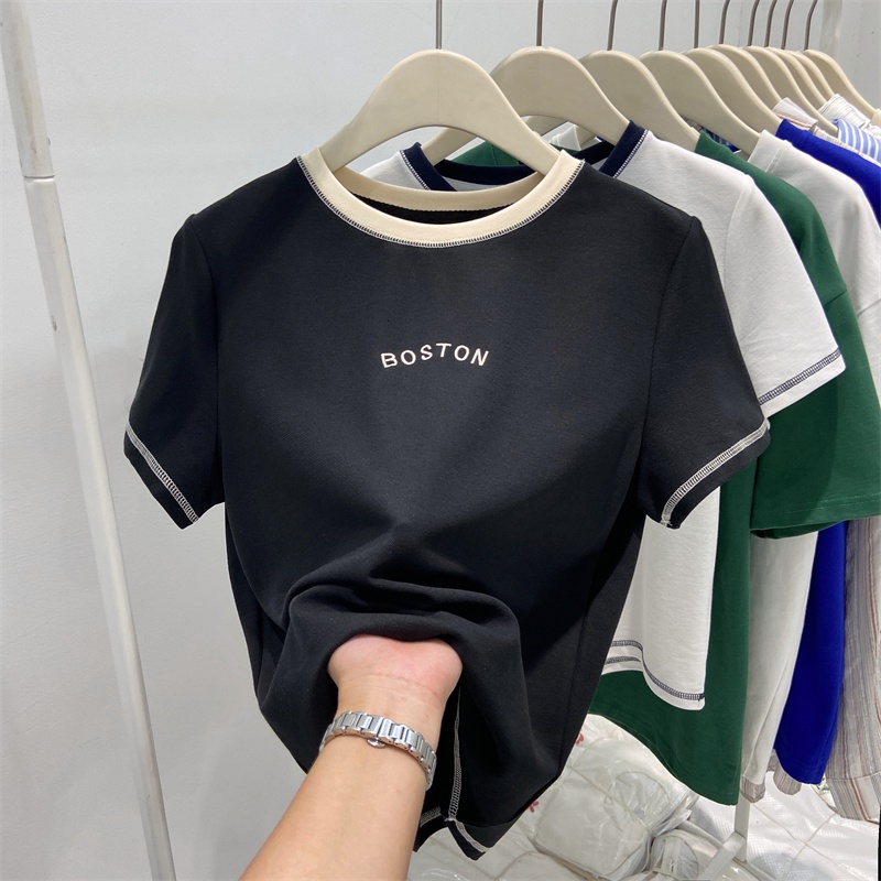 Áo Thun Tay Ngắn Cổ Tròn Thiết Kế Đường Viền Sáng Đơn Giản Phong Cách Phương Tây Cho Nữ