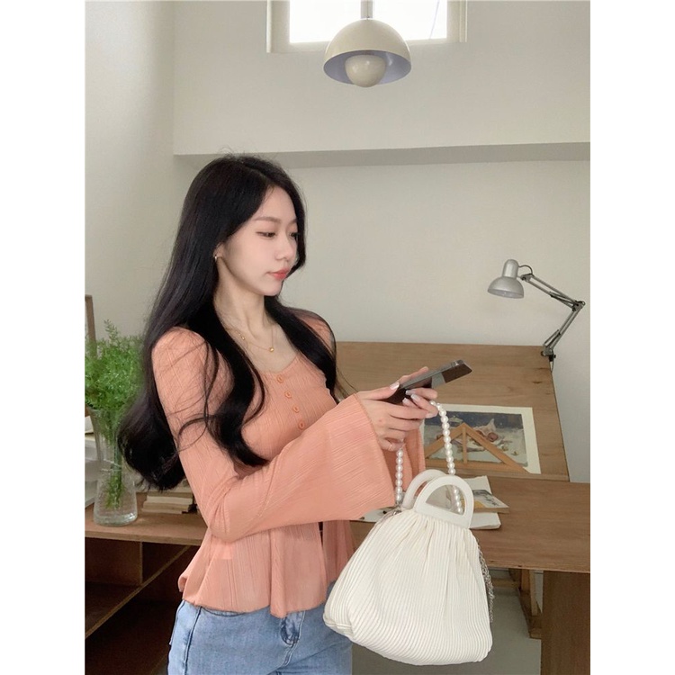 Áo Kiểu Tay Loe Dài Mỏng Dáng Ôm Thời Trang Pháp Cao Cấp Cho Nữ