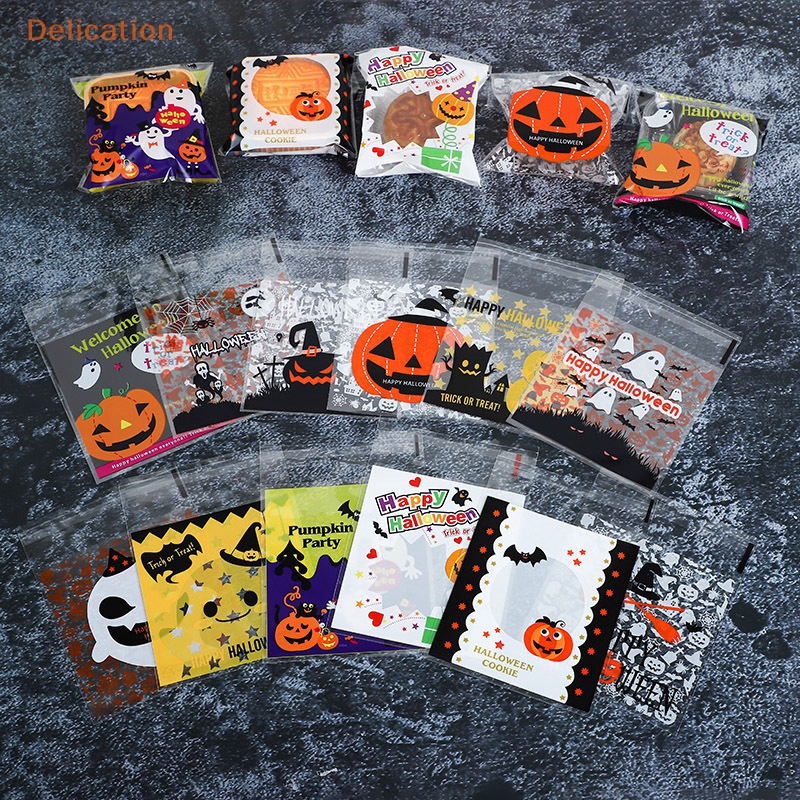 100 Túi ziplock OPP ELEBUY họa tiết Happy Halloween gói bánh quy kẹo snack làm quà tặng trang trí tiệc lễ hội Halloween