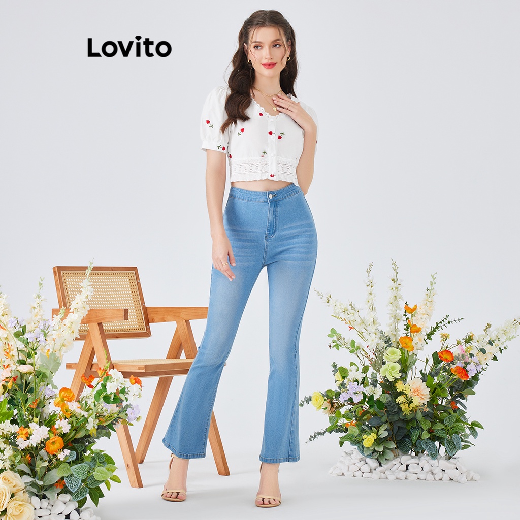 Áo Lovito tay phồng phối ren thêu hoa xinh xắn L54ED021 (màu trắng)
