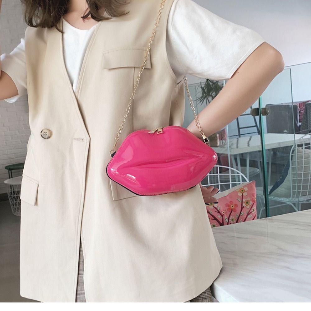 Upstozvn Túi Xách Đeo Vai Màu Đỏ Hình Đôi Môi Phối Dây Xích Màu Trơn Sáng Tạo Thích Hợp Làm Quà Tặng Cho Nữ