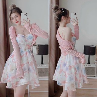 Đầm Xòe Tiểu Thư 2 Dây Đính Hạt Giữa Kèm Áo Khoác Nhẹ Cực Kì Sang Chảnh , Đi Chơi , Đi Tiệc Đ100211004