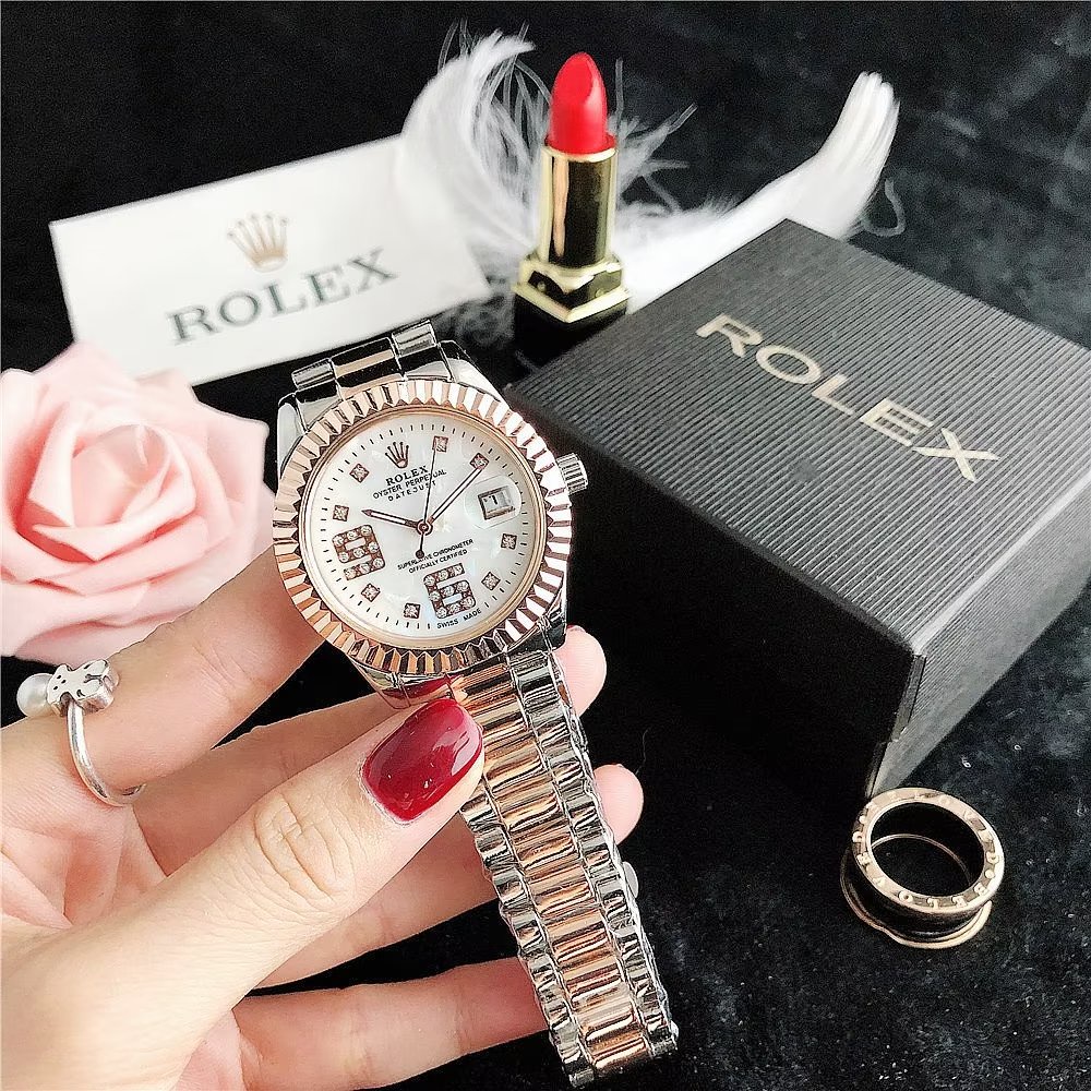 Đồng Hồ Rolex Mặt Tròn Đính Kim Cương Dây Da Thép Không Gỉ Thời Trang Cho Cặp Đôi