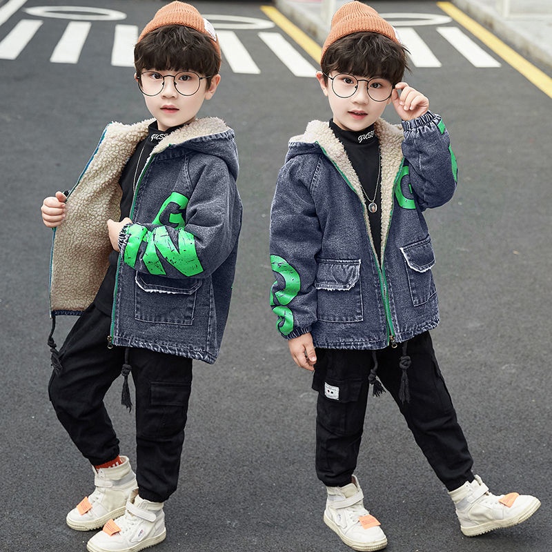 Áo Khoác denim Lót Nhung Lông Cừu Dày Dặn Thời Trang Mùa Đông Cho Bé Trai