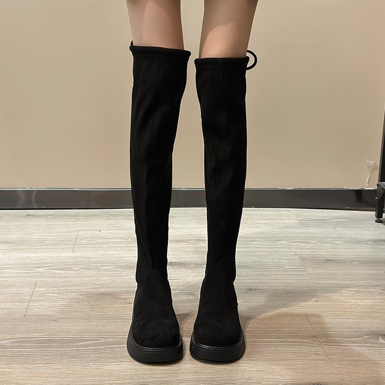 Giày Bốt Da Lộn Gót Dày Mũi Tròn Cột Dây Sau Lưng Chất Liệu Co Giãn Thoáng Khí Thời Trang Mùa Đông Cho