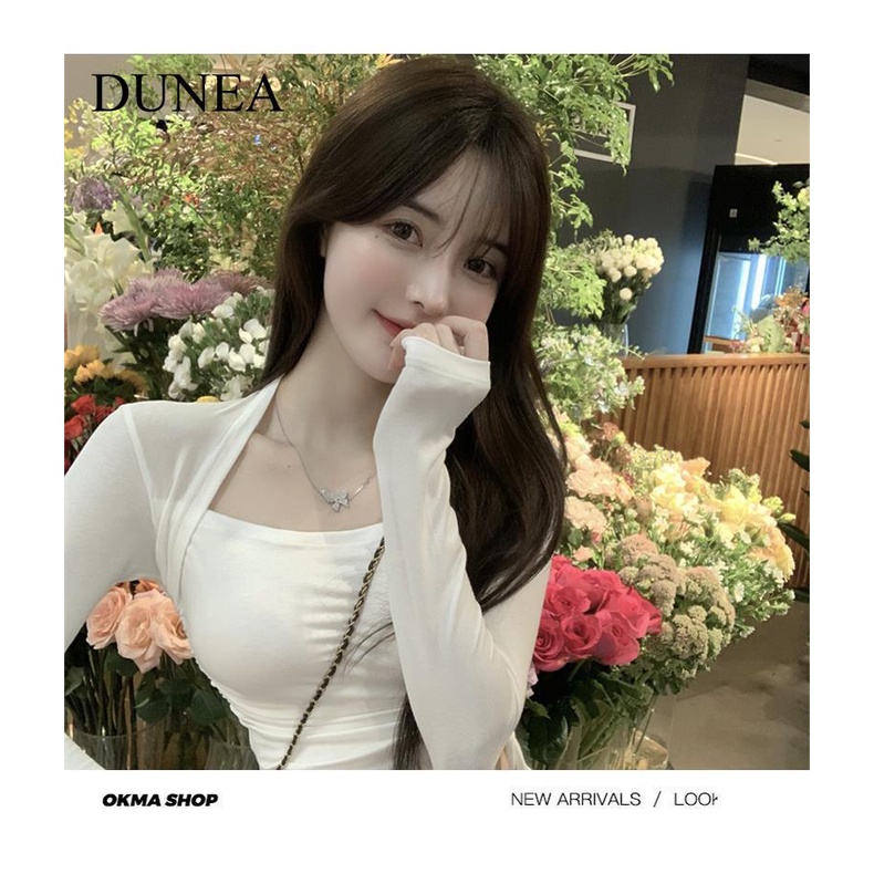 DUNEA Áo Thun Tay Dài Cổ Vuông Dáng Ôm Phối Dây Rút Thời Trang Cho Nữ