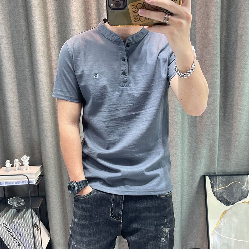 Áo Thun Polo Cotton Lanh Mỏng Ôm Dáng Cổ Đứng Tay Ngắn Phong Cách Hong Kong Cho Nam