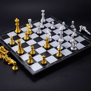 Foldable Travelling Magnetic Silver & Gold Chess & Checkers Set Board Game
