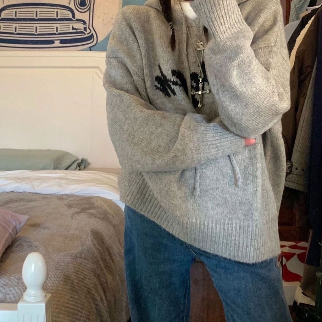 Áo Hoodie Dệt Kim Dáng Rộng Thời Trang Vintage Cho Nữ
