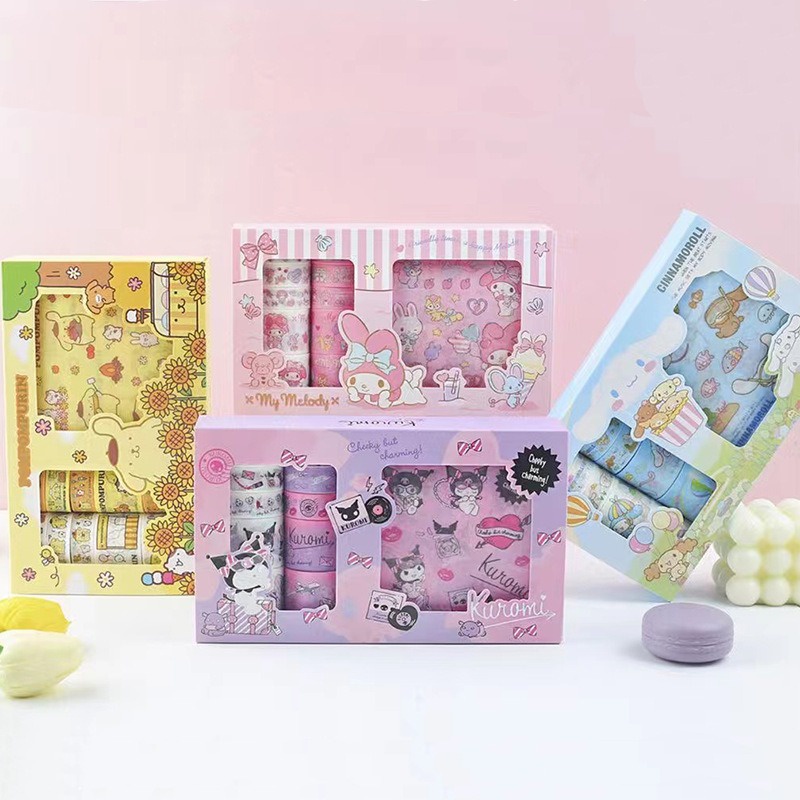 6 cuộn băng 8 tờ dán bộ nhãn dán băng sanrio hộp quà kuromi melody tài khoản tay chất liệu và băng giấy bộ nhãn dán quà tặng kỳ nghỉ