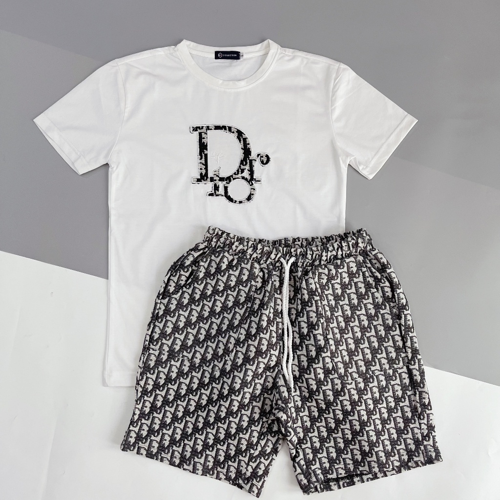 Bộ quần áo thun nam in vân nổi thêu ngực chữ DR, chất cotton xốp nổi mềm mịn thoáng mát