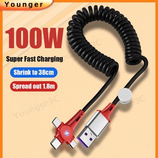 Cáp sạc lò xo t-shaped 100w với đèn báo cáp dữ liệu sạc siêu nhanh có thể thu vào 3 trong 1 cho ios dây sạc micro type c