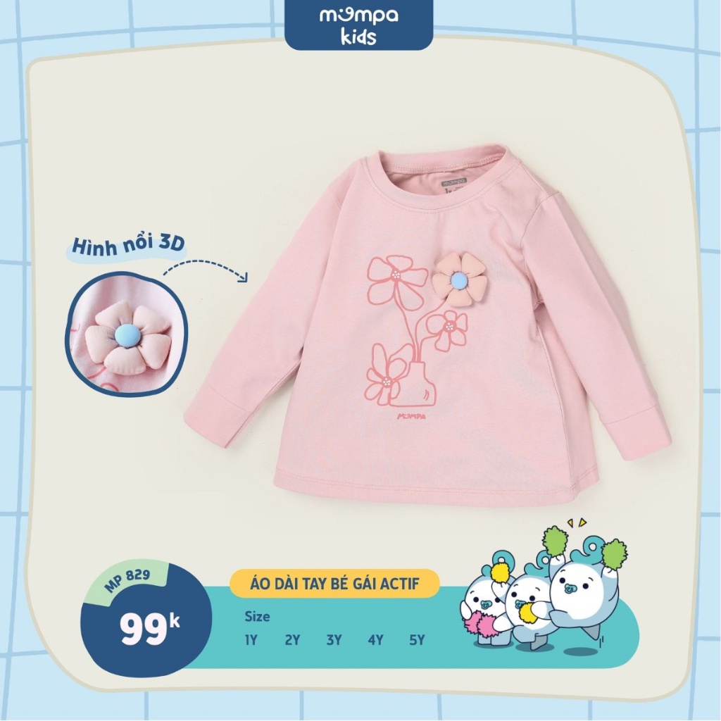 Áo dài tay cho bé gái Mompa 1 đến 5 tuổi vải cotton actif mềm mại co giãn thấm hút MP 829