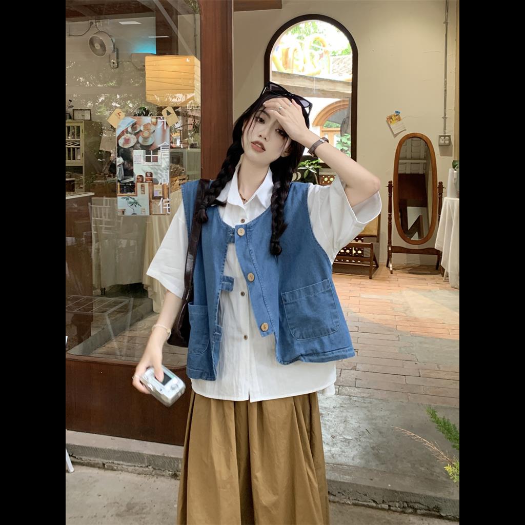 Set Chân váy jean Lưng Cao Và Áo Ba Lỗ Phong Cách hong kong Thời Trang Mới Cho Nữ