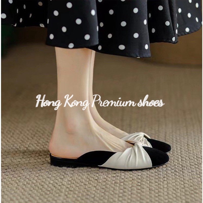 Hong Kong Premium shoes❥(^_-)Thời trang xếp ly baotou half-slippers women's color-blocking elegant classic mules