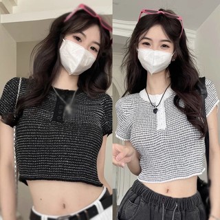 Áo thun nữ sọc o cổ tay ngắn màu tương phản lộ rốn mùa hè croptops