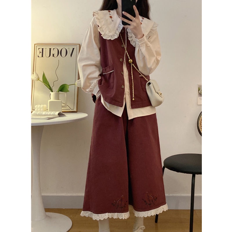 Set Áo Khoác Không Tay + Áo Sơ Mi Cổ Búp Bê + Chân Váy Phong Cách Thời Trang Mới