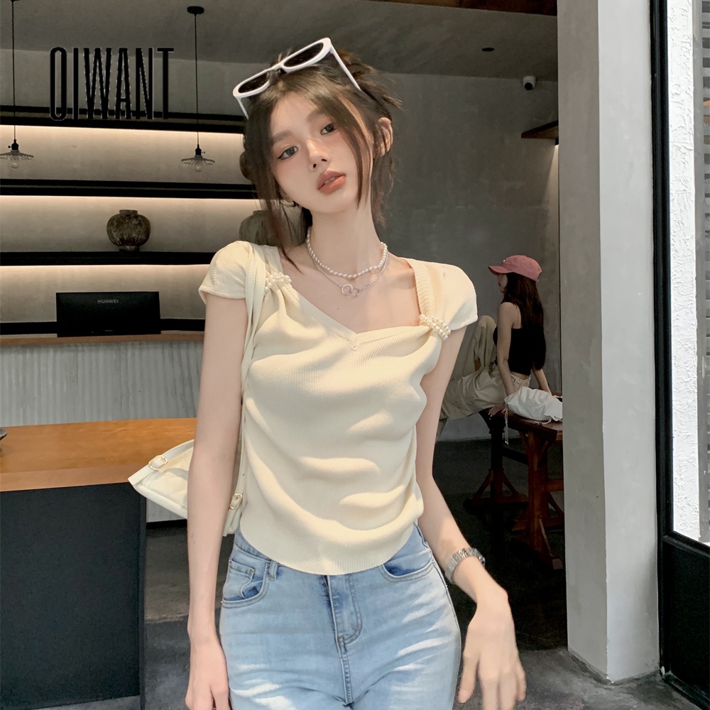 Oiwant women 2023 màu rắn kiểu pháp hàng đầu cổ vuông tay ngắn tay áo mỏng ruched đơn giản ngọt ngào dệt kim t-shirt