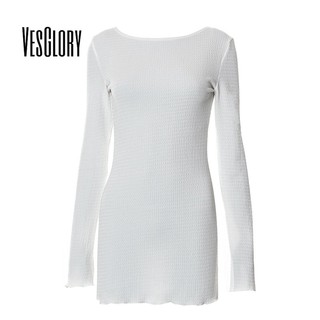 Vesglory women mini dress 2023 fashion solid color tay áo dài cổ tròn không dây lưng cao eo một-bước váy