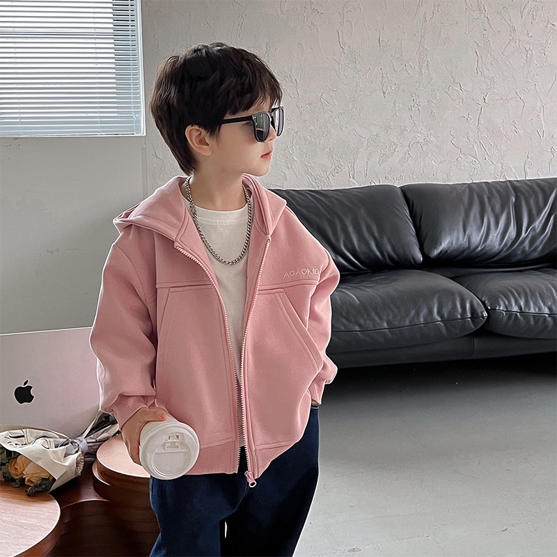 Trẻ em nhật bản và hàn quốc có mũ trùm đầu áo khoác cotton thêu chữ màu rắn