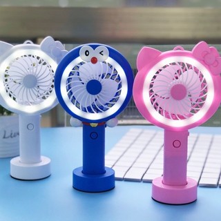 Quạt mini tích điện cầm tay hình Doremon, Mèo Hello Kitty sạc cổng Usb, Mẫu mới có đèn sáng viền xung quanh