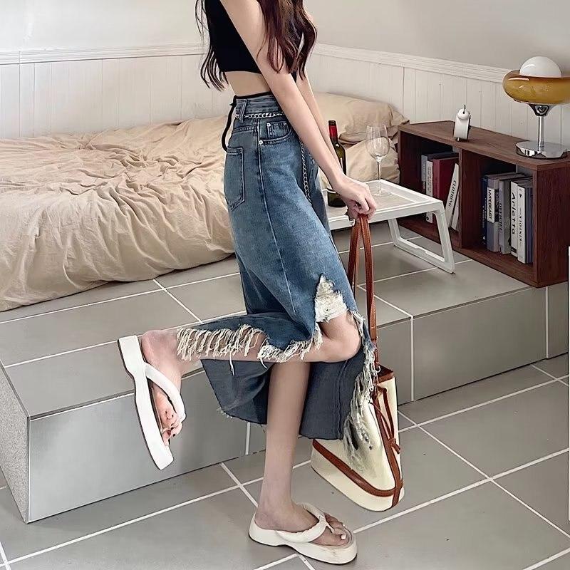Qooth Nữ S-5XL Kích Thước Khe Bút Chì Váy Denim Thanh Lịch Lưng Co Giãn Oversize Bất Đối Xứng Váy Chữ A Cho Xuân Hè QT2204
