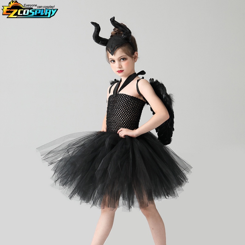 Disney maleficent costume dress halloween girls fancy christening black glam gownprom kids cosplay demon queen quần áo phù thủy