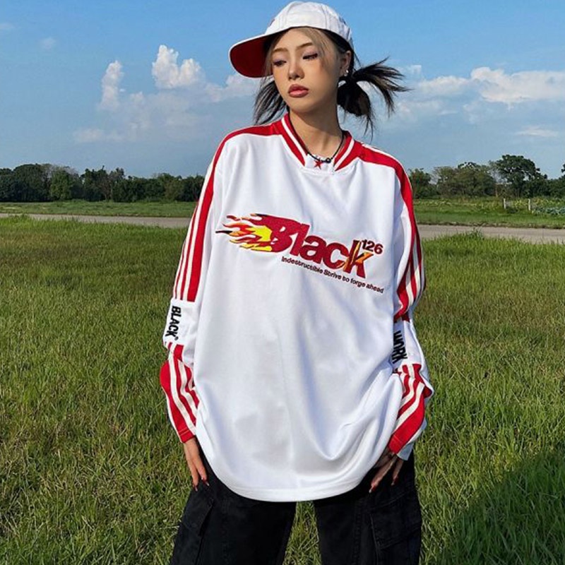 YOUTANG Áo Thun Thể Thao Tay Dài Chui Đầu In Chữ Lửa Phong Cách Đường Phố Mỹ Cho Nam Và Nữ