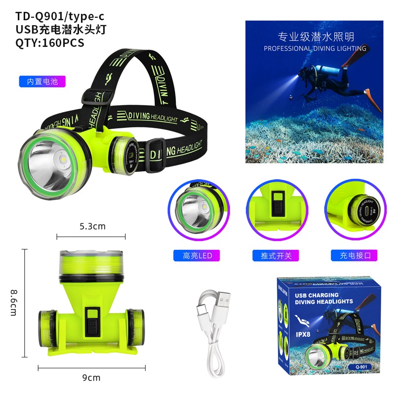 Đèn led mới tuổi thọ pin dài lặn ánh sáng mạnh đèn pha siêu sáng không thấm nước tầm xa lặn sâu đèn pha câu cá