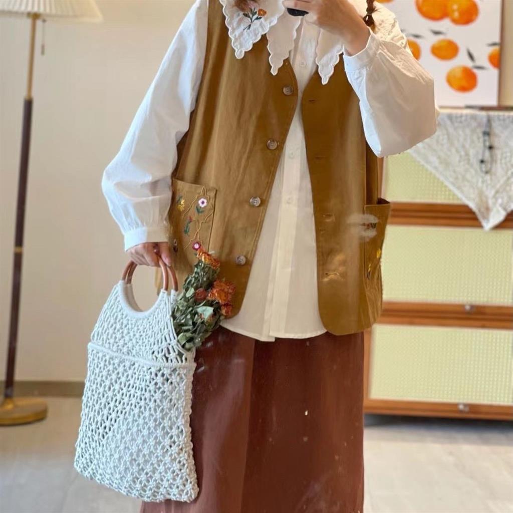 Áo khoác không tay dáng rộng thêu họa tiết thiết kế túi đôi thời trang vintage mùa thu cho nữ size lớn 150kg