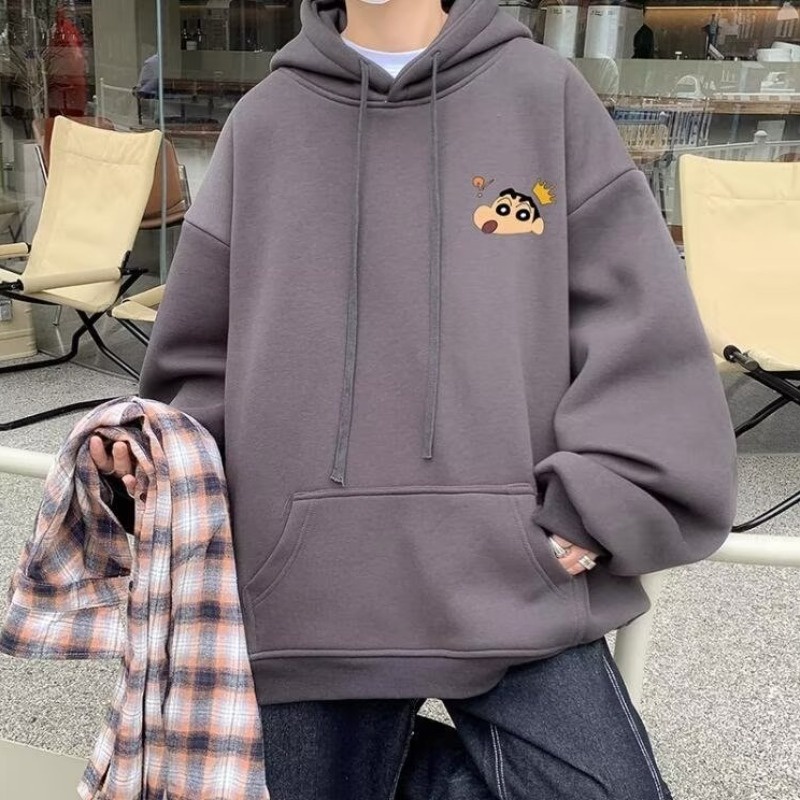 Áo hoodie dáng rộng lót cotton 100% hai lớp có mũ trùm thời trang cho unisex Cartoon Crayon Xiaoxin Velvet Áo len