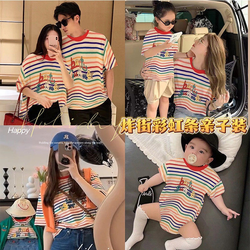 Parent-child wear 90-2xl new style short-sleeved t-shirt rainbow stripes all-match thời trang thời trang gia đình three four tops hợp thời trang 1