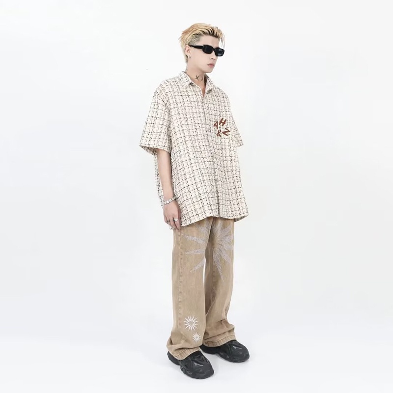 Sinransinya Áo Sơ Mi cotton Lanh Thêu Họa Tiết Sọc Caro Phong Cách hip hop Đường Phố Mỹ Thời Trang Cho Nam Và Nữ