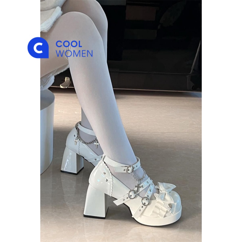 Giày Cao Gót Đế Xuồng Chống Thấm Nước Đính Nơ Phong Cách Lolita y2k