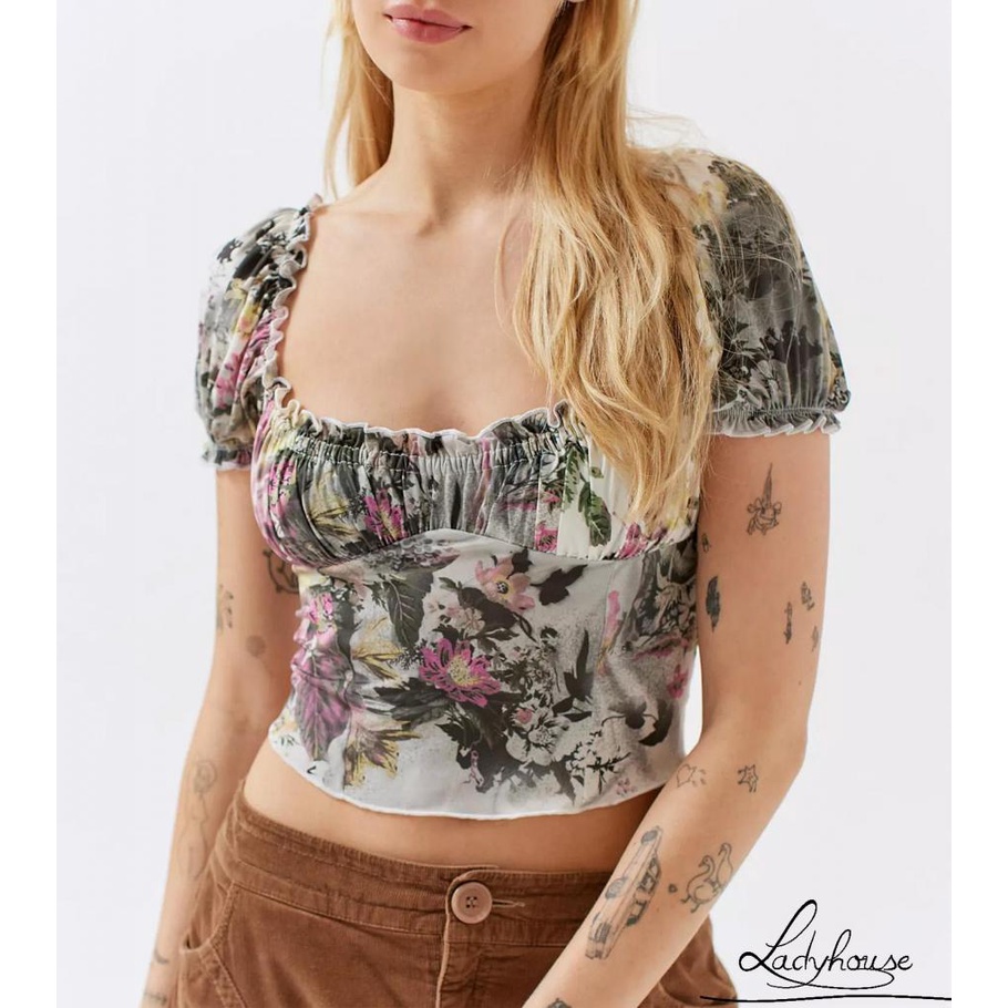 Áo Crop Top Tay Ngắn Màu Trơn / Hoa Cơ Bản Dành Cho Nữ Đi Dự Tiệc