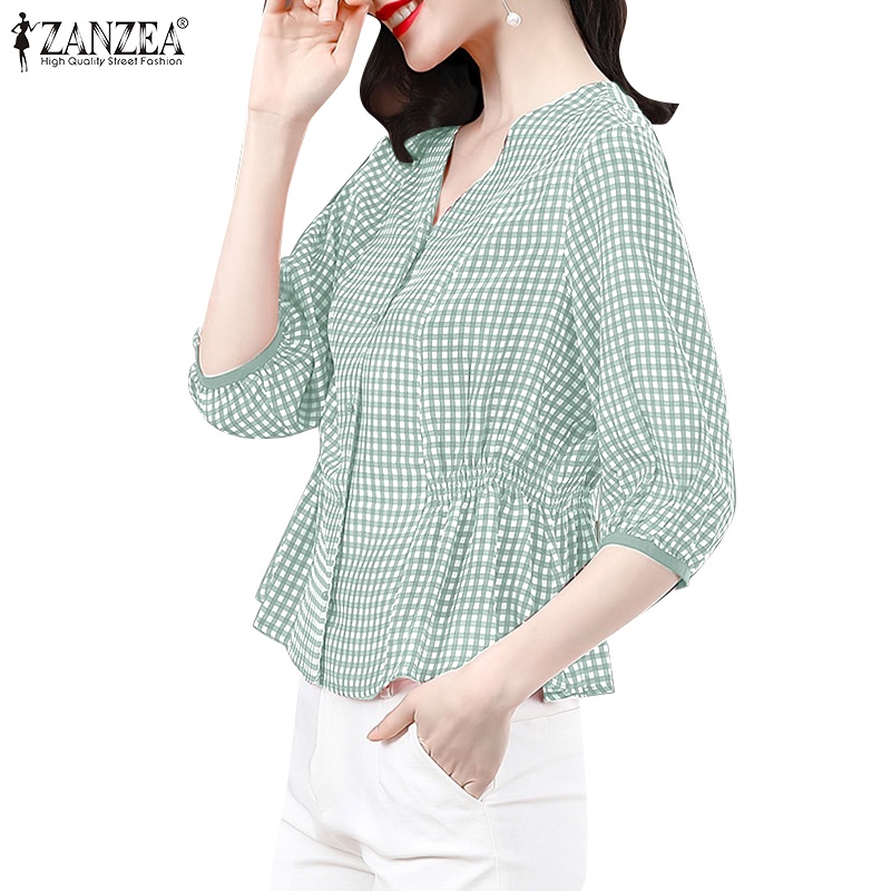 Áo sơ mi ZANZEA tay lửng cổ chữ V họa tiết ca rô thời trang dành cho nữ