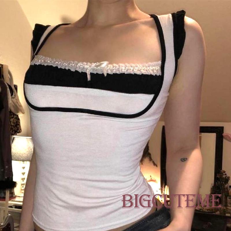 [] Áo Không Tay Cổ Vuông Dáng Ôm Phối Ren Màu Trắng Tương Phản Thời Trang Mùa Hè Dành Cho Nữ