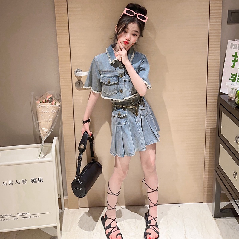 Set Áo Sơ Mi Ngắn Tay + Chân Váy Denim Thời Trang Mùa Hè Cho Bé Gái