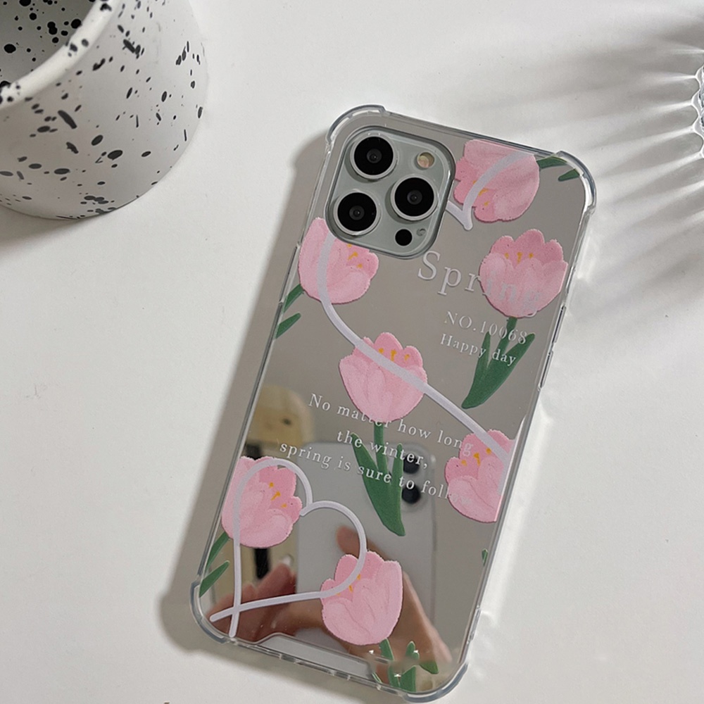 Ốp Điện Thoại TPU Dẻo Gắn Gương Trang Điểm In Hình Hoa Tulip Cho IPhone 13 12 11 Pro Max XS XR 8 7 Plus